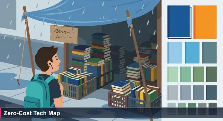 Late-afternoon Quito street book stall under a blue tarp with stacked used books and a cardboard sign reading “10 mejores libros - $5”; a young person with a backpack studies the sign.