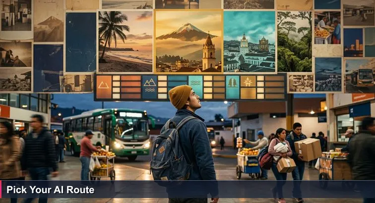 Young Ecuadorian professional with a backpack stands at Quito’s Quitumbe bus terminal at dusk, looking up at a large illuminated departure board listing destinations and times.