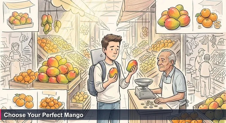 Inside Quito’s Mercado Iñaquito: a young founder with a laptop backpack holds two nearly identical mangos while a vendor waits with an old metal scale and a pile of dollar coins.