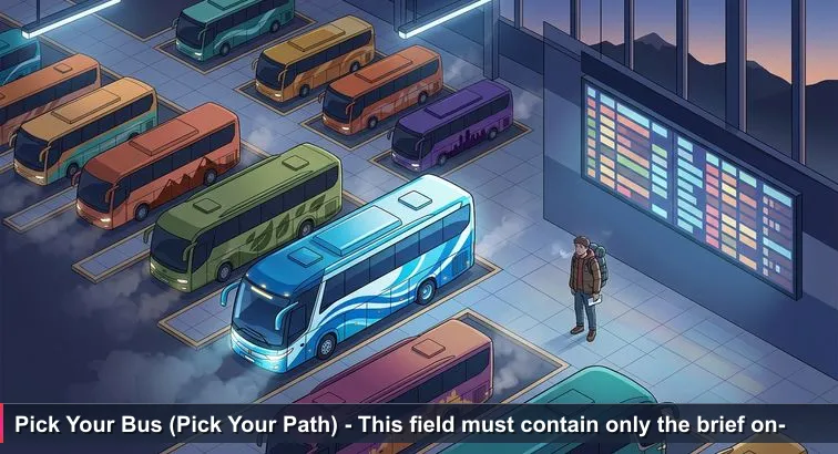 Pre-dawn scene at Quito’s Quitumbe bus terminal: row of idling interprovincial buses with destination signs (Guayaquil, Cuenca, Loja), a young traveler with a backpack studying the departures board.