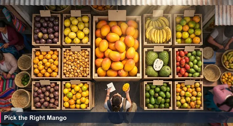 Overhead market stall in Quito with ten crates of fruit, a woman with a laptop bag sampling a mango amid vendors and sunlight - metaphor for choosing tech resources.