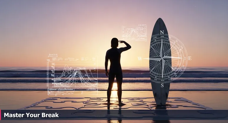 A silhouetted surfer at dawn on Flagler Beach, analytically observing wave patterns, symbolizing strategic career planning for AI in Palm Coast, FL.