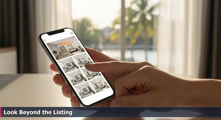 A hand holding a smartphone scrolling through real estate listings, with palm trees and a canal visible through a sunny window, symbolizing job offer comparisons in Palm Coast.