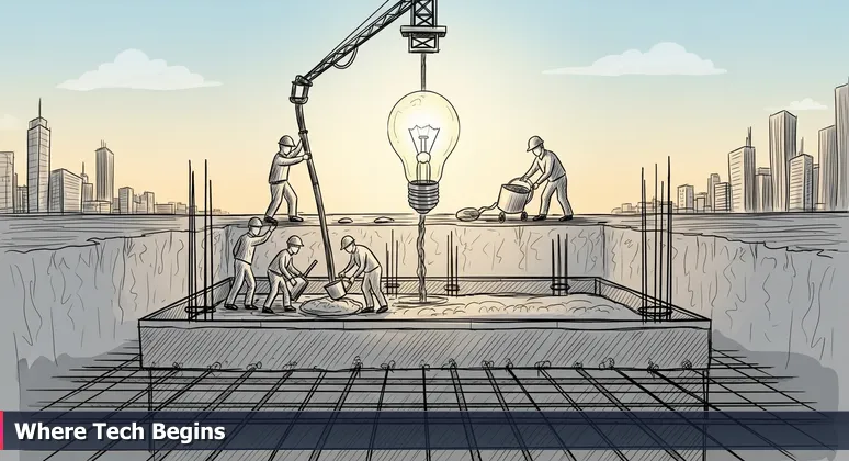 Construction workers pouring a concrete foundation at dawn, with distant skyscraper silhouettes, symbolizing Palm Coast's foundational role in Florida's tech industry