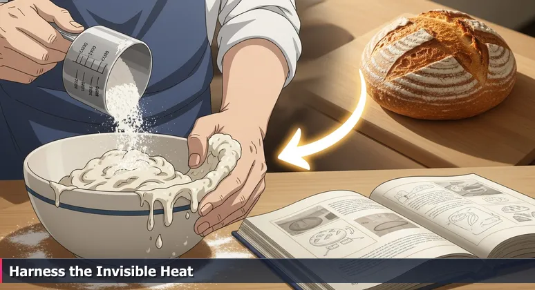 Close-up of hands struggling with sticky sourdough dough in a kitchen, with a perfect loaf in the background, symbolizing the journey to becoming an AI engineer.
