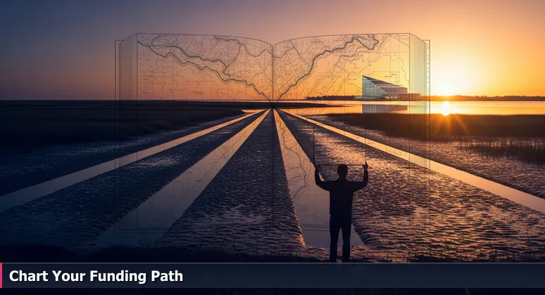 A person standing on the Intracoastal Waterway shore in Palm Coast at sunrise, looking toward a distant tech building with visible tidal channels in the marshgrass, symbolizing hidden funding paths.