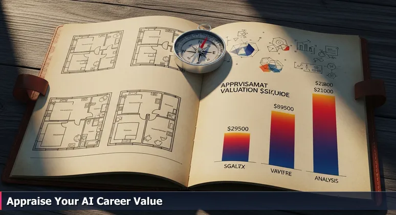A worn leather notebook open on a wooden desk, with sketches of identical house floor plans on the left page and different appraisal values with notes on the right, symbolizing the hidden value in AI salaries.