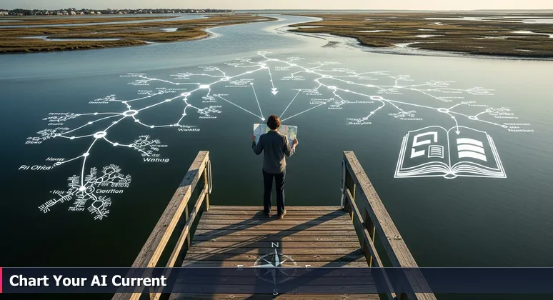 A person on a Palm Coast dock holds a map, with a digital network diagram reflected in the water, symbolizing hidden AI communities and connections.