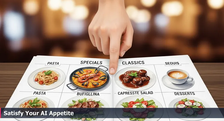 A hand hesitating over a luxurious restaurant menu with AI-themed dishes, symbolizing career choices in Palm Coast's 2026 job market.