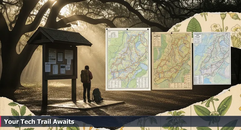 A hiker at a Florida trailhead studying wooden kiosk maps labeled with tech career paths, symbolizing choosing apprenticeships, internships, or jobs in Palm Coast.