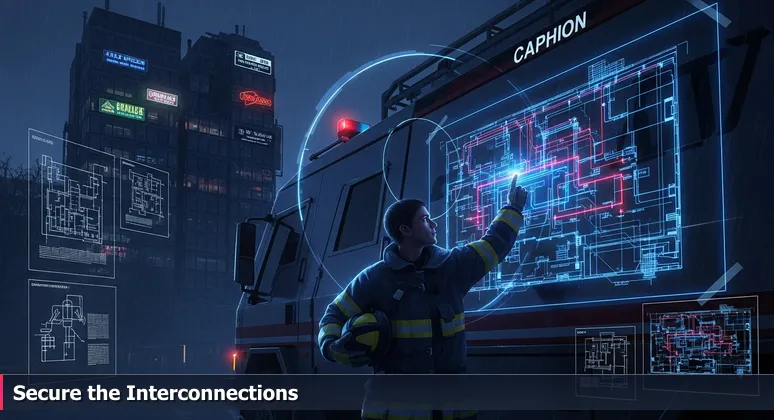 A fire captain points to a complex building blueprint at dawn, illustrating interconnected cybersecurity systems in Palm Coast's 2026 job market.