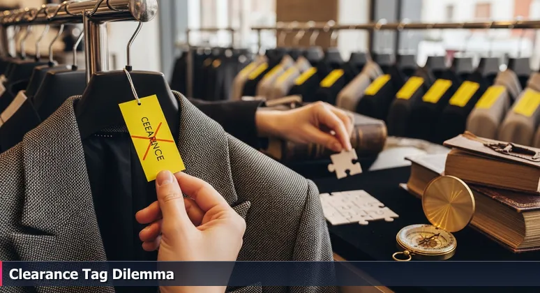Close-up of a hand holding a yellow clearance tag on a blazer, symbolizing Palm Coast's affordability debate for tech workers with hidden costs.