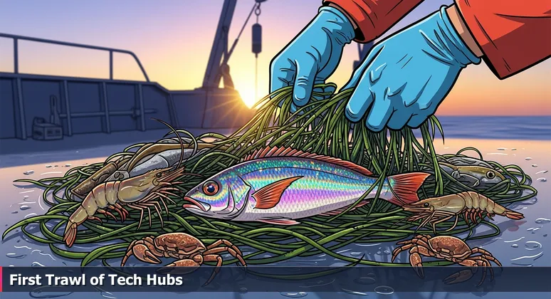 A marine biologist's gloved hands sorting a trawl net with diverse marine species on a research vessel at dawn, symbolizing the discovery of Palm Coast's tech coworking spaces.