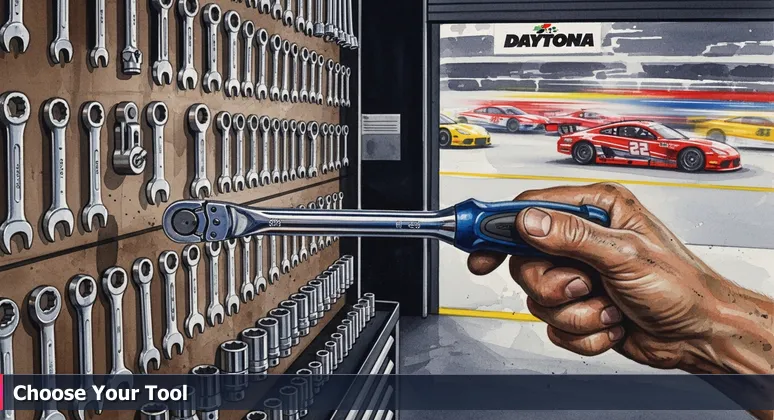 A mechanic's hand selecting a torque wrench from a tool rack in the Daytona Speedway pit garage, with blurred race cars speeding in the background.