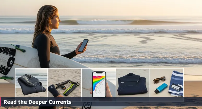 A woman surfer at sunrise on Flagler Beach in Palm Coast, Florida, checking a digital tide chart on her smartphone with ocean waves in the background, symbolizing strategic tech career navigation.