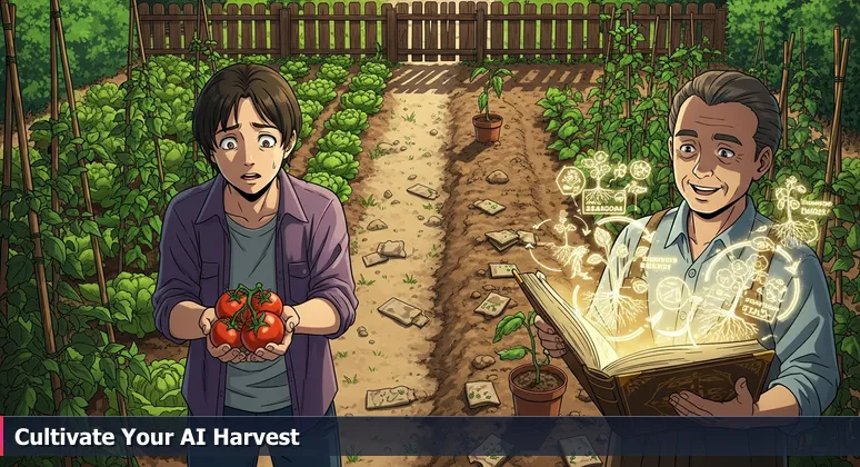 A person in a lush garden admiring thriving plants, with a barren plot in the background, symbolizing the journey to starting an AI career in Portland's Silicon Forest.