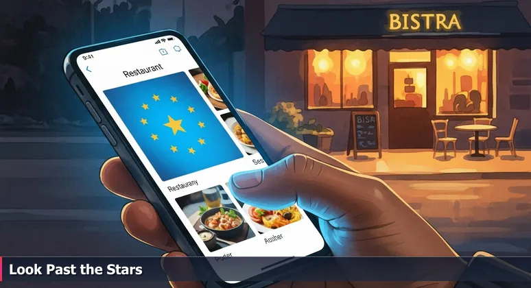A hand holding a smartphone showing a restaurant rating app, with warm lights of a local bistro glowing in the blurred background.