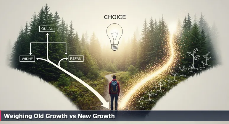 A hiker at a fork in a forest trail, symbolizing the choice between established tech giants and emerging AI startups in Portland's Silicon Forest for 2026 careers.