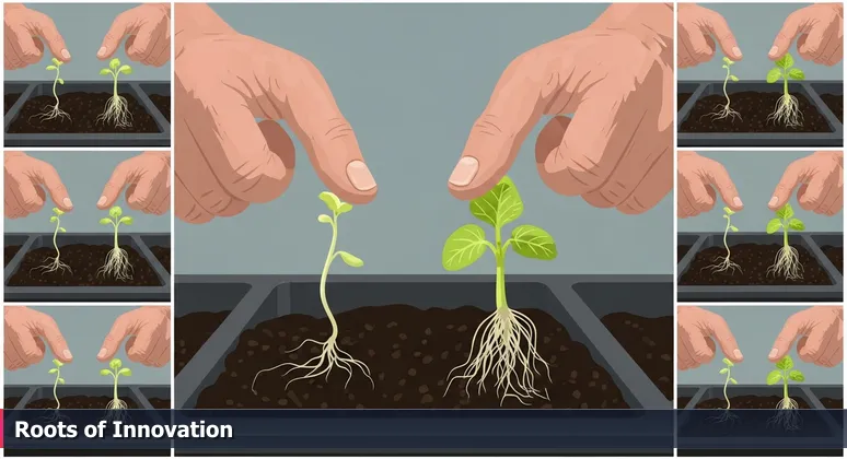 A gardener's weathered hands gently separating two sprouting seedlings in soil, symbolizing the evaluation of AI startups based on hidden potential in Portland's tech ecosystem.