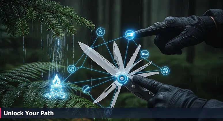 Hands fumbling with a multi-tool in a rainy Portland forest, symbolizing the challenge of navigating tech training funding options.