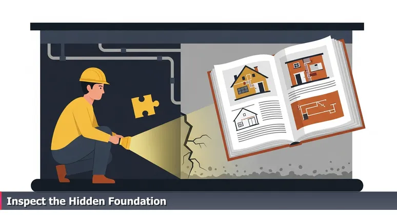A home inspector with a flashlight reveals a cracked foundation in a Portland craftsman basement, symbolizing hidden factors in AI salary packages for 2026.