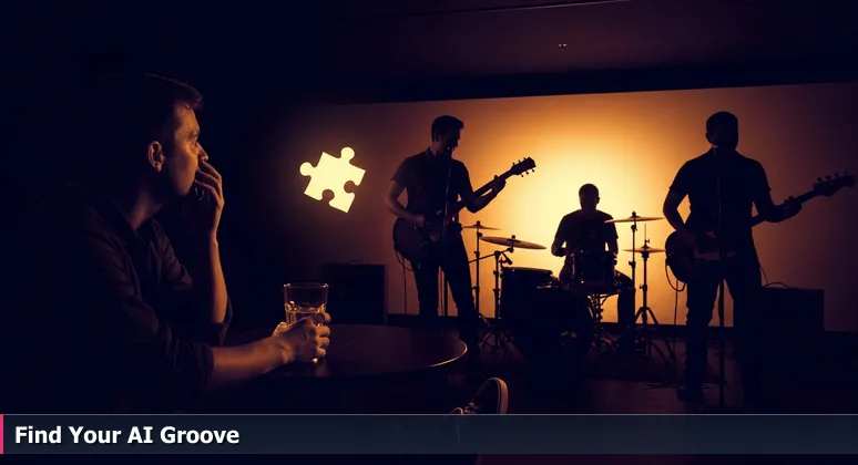 A hesitant person at a table in a Portland blues bar, with musicians playing on stage, symbolizing the decision to engage in AI communities.