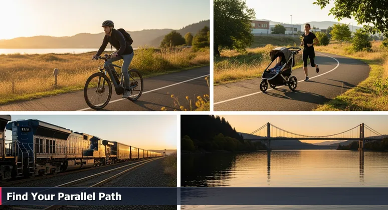 Scenic view of Portland's Springwater Corridor Trail at the Willamette River, with an e-bike, runner, and train moving parallel, representing AI career paths.