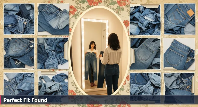 A person in a dressing room holding up perfectly fitting jeans, symbolizing finding the right tech career in Portland's 2026 job market.