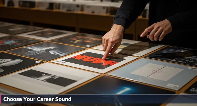 A person's hands hovering over colorful vinyl records in a Portland record store, representing the choice of AI tech bootcamps for career growth.