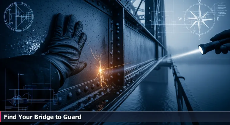 Bridge inspector's gloved hand on Portland's Morrison Bridge, flashlight highlighting a crack, symbolizing cybersecurity job market vigilance.