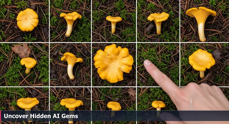 A close-up of a forest floor with a golden chanterelle mushroom being pointed out, symbolizing hidden AI job opportunities in Portland's diverse industries.