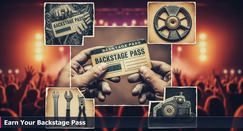 Close-up of work-stained hands holding a backstage pass labeled 'Crew', with a blurred background of Portland's tech equipment and Silicon Forest scene.