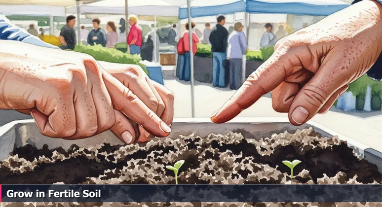 Close-up of hands sifting soil at a Portland farmers market with a green sprout, symbolizing career growth for junior developers in tech startups.