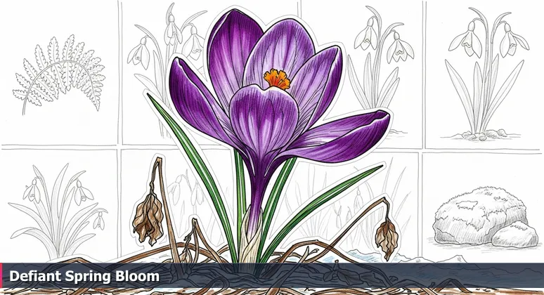 Close-up of a vibrant purple crocus blooming through brown, withered stalks and frost in a Portland garden, symbolizing resilience and growth in tech communities.