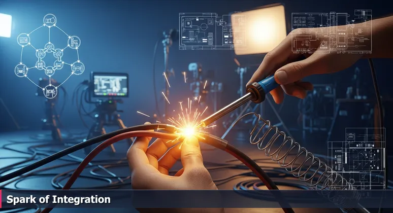 Close-up of a gaffer's hands connecting electrical cables with a spark on a Hollywood film set, symbolizing AI integration careers in Los Angeles.