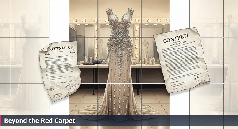 A jewel-encrusted Oscars gown hanging beside a detailed legal contract in a stark dressing room, symbolizing hidden compensation details in LA tech.