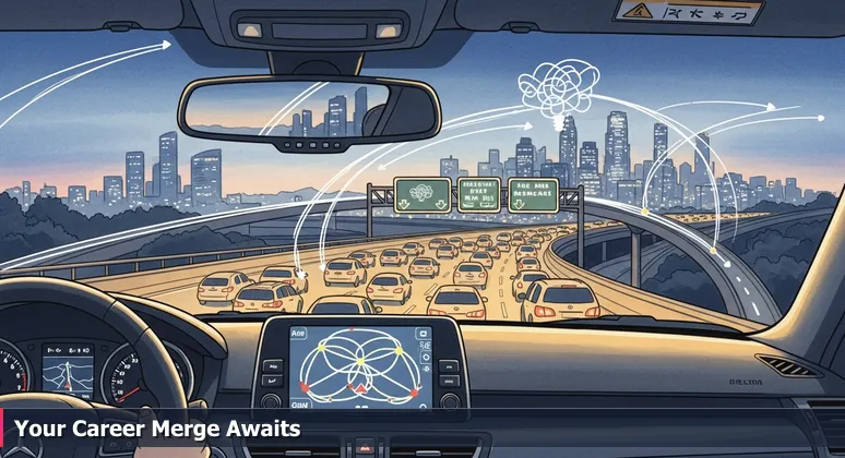 Driver's-eye view on LA freeway merging from 405 to 10 at dusk, GPS showing routes, Silicon Beach towers in rearview mirror, Downtown LA skyline ahead.