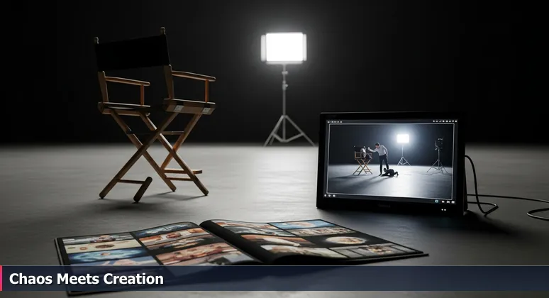 A film director's chair on an empty Hollywood soundstage, with a storyboard showing perfect animation and a live monitor displaying a chaotic scene, symbolizing the journey from AI theory to practice in Los Angeles.
