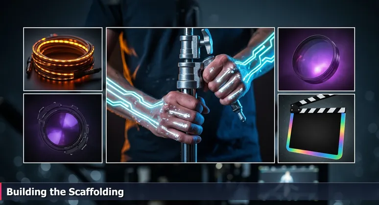 Close-up of a film grip's hands adjusting a light stand on a Hollywood set, symbolizing the unseen foundational work of AI startups in Los Angeles.