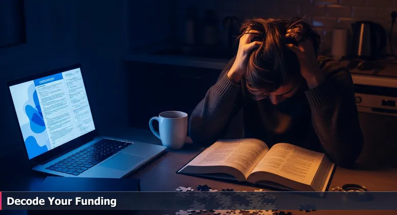 Frustrated person at a kitchen table with a laptop, struggling with government forms, symbolizing the challenge of funding tech training in Los Angeles.
