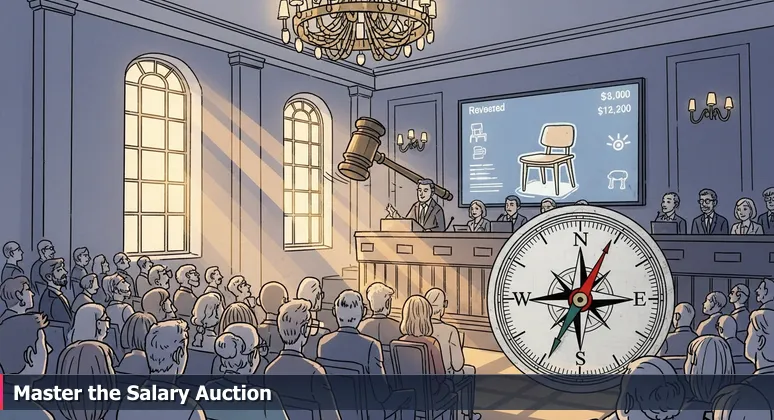 An auctioneer in a Santa Monica auction house holding a gavel, with a screen showing a $250,000 bid for a chair, symbolizing hidden value in AI salaries.