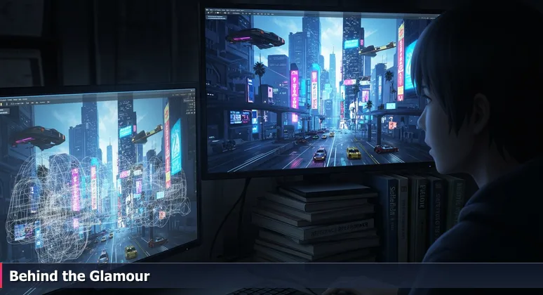 A visual effects artist in a studio examining a photorealistic CGI of futuristic Los Angeles on one monitor, with a wireframe model and cost estimate on another screen, symbolizing hidden expenses behind glamorous tech careers.