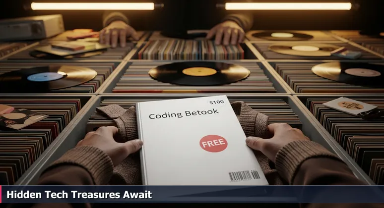 A person's hands in a Los Angeles thrift store, holding a coding textbook with a 'FREE' sticker over the price tag, symbolizing accessible tech training.