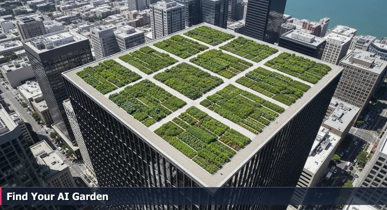 Aerial view of a vibrant rooftop garden in downtown Los Angeles, with lush greenery contrasting the urban skyline below.