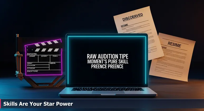 A Hollywood clapperboard on a director's chair with a coffee-stained resume, next to a laptop displaying a compelling video audition tape on screen.