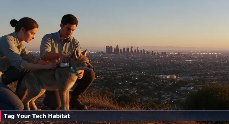 Wildlife researchers in Griffith Park tagging a young coyote with a tracking collar, with the Los Angeles skyline at dusk, symbolizing the hunt for junior developer roles.
