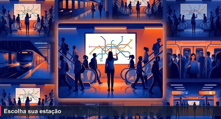 Mulher parada diante do mapa do metrô na Estação Paulista-Consolação em dia chuvoso, olhando linhas coloridas enquanto passageiros passam apressados.