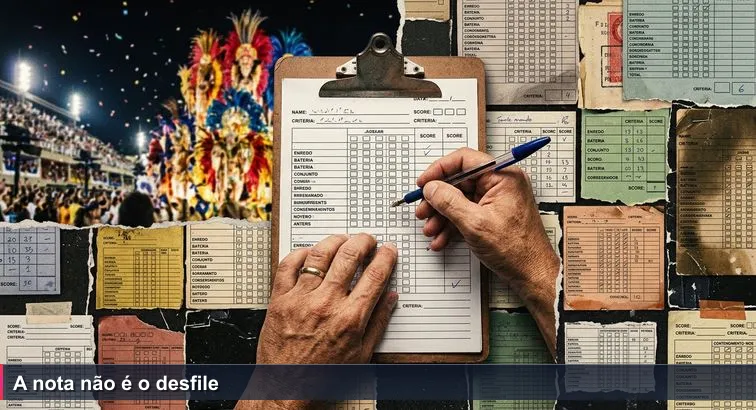 Prancheta de jurado sobre as arquibancadas do Sambódromo do Anhembi à noite, mão segurando caneta escrevendo nota, carro alegórico desfocado ao fundo e confete no ar.