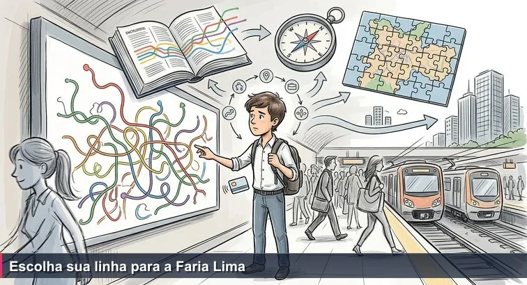 Profissional jovem na plataforma lotada da Estação Sé às 8h, segurando um Bilhete Único e olhando um mapa de metrô colorido enquanto decide a melhor rota para Faria Lima.