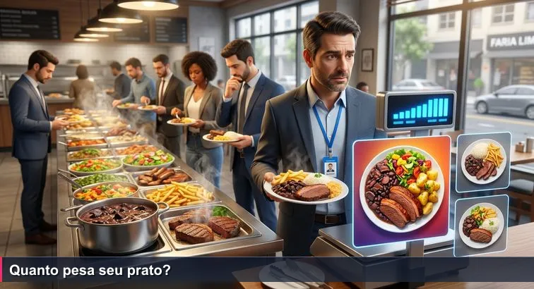 Cena de restaurante a quilo na Faria Lima: pessoa com crachá de empresa tech segurando prato cheio sobre balança digital, fila ao fundo de profissionais de tecnologia.